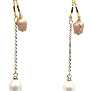 7 – 8 mm White Pearl Tulip Dangling Earrings