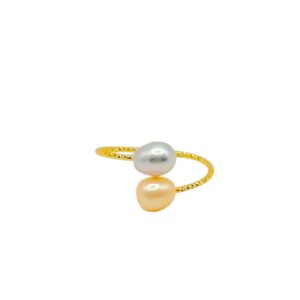 5 – 6 mm Champagne & Gray Oval Pearl Gold Plated Ring