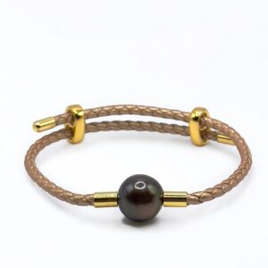 12 – 13 mm Black Pearl Tan Leather Strap Bracelet