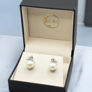 11 – 12 mm White Pearl Bow Shaped Stainless Stud Earrings
