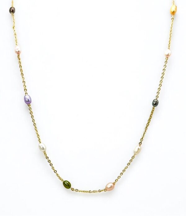 Multi Color Rice Pearls Gold Plated Chain Necklace