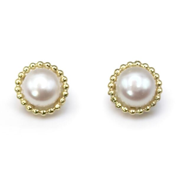7 – 8 mm White Pearl Gold Plated Halo Stud Earrings