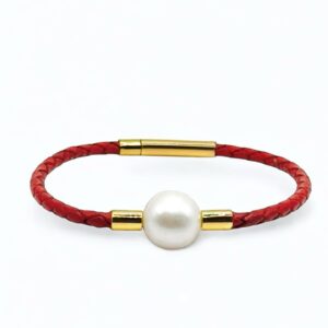11 – 12 mm White Pearl Red Leather Strap Lock Bracelet